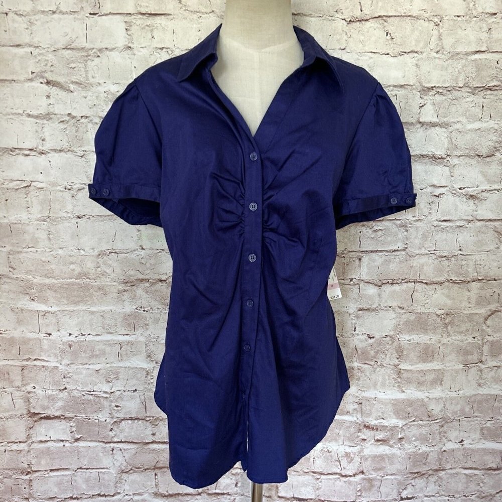 Worthington Woman Ruched Button Front Shirt Short Sleeve Premier Blue Size 1X